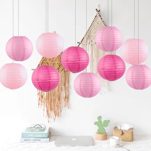Image of Pink Chinese Paper Lanterns with LED Lights, 10-Pack 12inch | Hanging Lights for Wedding & Bridal Shower, Birthday Party Decorations, Ceiling Decor, Home Party, Baby Shower