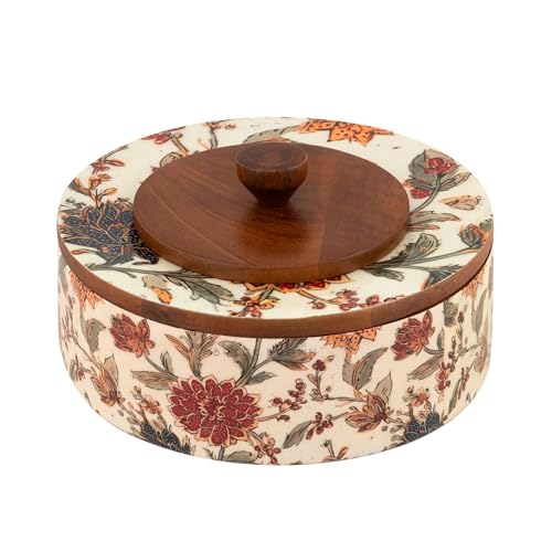 Image of Brick Brown Bela Wooden Roti Box with Lid | Solid Wood Chapati Box for Kitchen & Dining | Designer Roti Casserole /Roti Hot Pot Case | Handmade Roti Dabba Serveware | Roti Container (8x8x4.2 Inch)