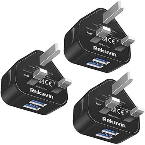 Rekavin 3 Pack USB Plug UK Mains Charger, USB Plug Adapter Dual Ports 5V/2.1A Black Wall Charger Fast Power Socket Charging Head for iPhone 11/XS Max/XR/X/8/7/6 Plus,iPad,Samsung,Android,Cell Phone Cover