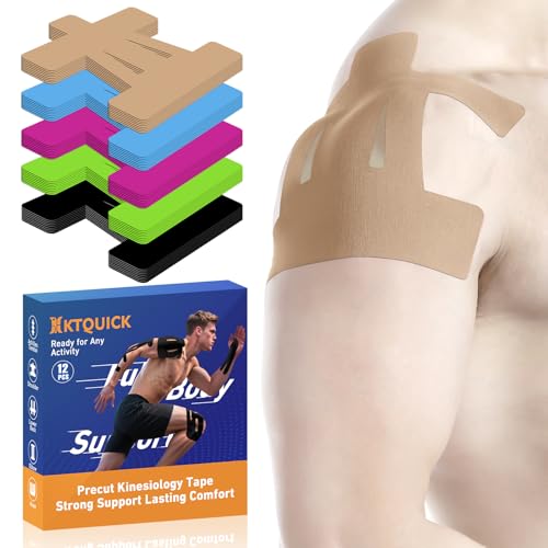 Image of Kinesiology Tape for Shoulder Precut, 12 PCS Shoulder Tape for Pain Relief, KTQUICK Original Cotton Waterproof & Breathable, Enhance Elastic Sports Tape for Pain Support and Muscle Sports, Beige