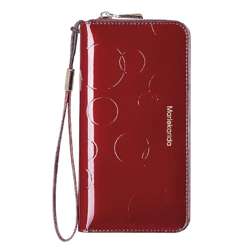 Fashion RFID Leather Wallet - Women's Hand-Held Bag, Credit Card Clip Bag, Long Capacity Coin Purse, Zipper Multi Card Slot Wallet (Wine Red)