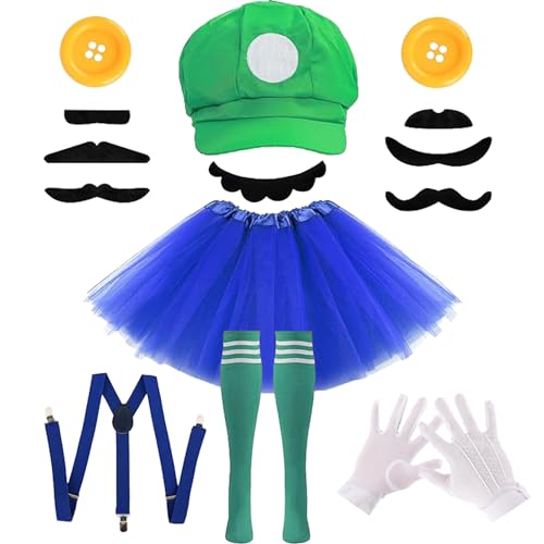 7 Pcs Halloween Cosplay Costumes Accessories Set for Women Plumber Costume Outfit Cosplay Party Tutu Hat Suspenders Mustaches Gloves Buttons for Adults Green