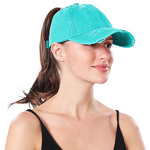 Criss Cross Ponytail Hat Washed Distressed Baseball Cap Adjustable High Messy Bun Ponycap For Women Light Blue #TOP4