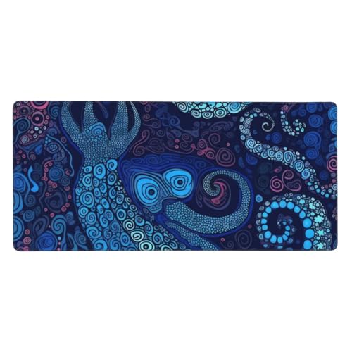 Tapis de souris de jeu avec bords cousus et motif pieuvre bleue géante 90,2x40,6 cm