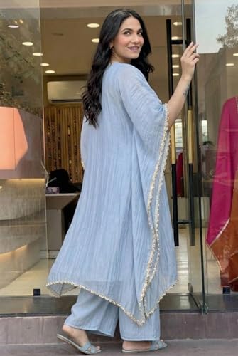Image of GoSriKi Fendy Glass Embroidered A-Line Kurta with Palazzo for Women | Fendy Glass Grey | Kaftan Sleeve | Round Neck | Ethnic Wear Casual Wear