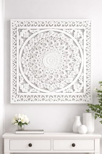 Image of Wall panel Floral MDF Wall Decoration Panel, Hanging Wood Carving Wall Decoration Panel for Living Room, Bedroom, Hallway, Office Wooden Wall Hanging Plaque, Wood Carving (Square White)