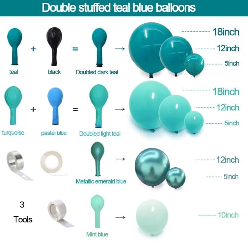 Image of Teal Blue Balloons Double Stuffed Mint Blue Balloon Garland Arch Kit Metallic Peacock Balloons Different Sizes for Birthday Baby Shower Winter Bridal Prom Party Decorations