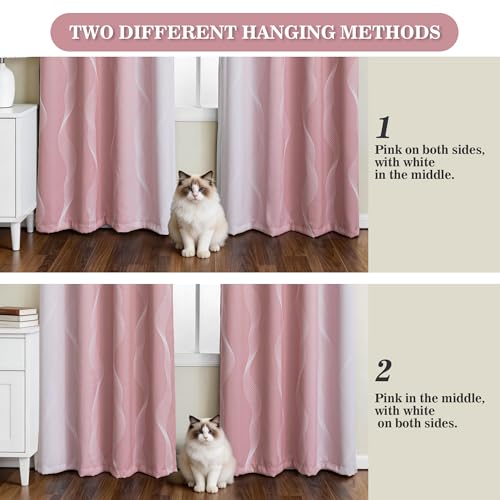 Image of MYSKY HOME Pink and Greyish White Blackout Short Ombre Curtains 54 inch Length for Girls Bedroom Privacy Protection Thermal Insulated Wave Line Foil Print Grommet Window Treatments, 52 inch W, 2 Pcs