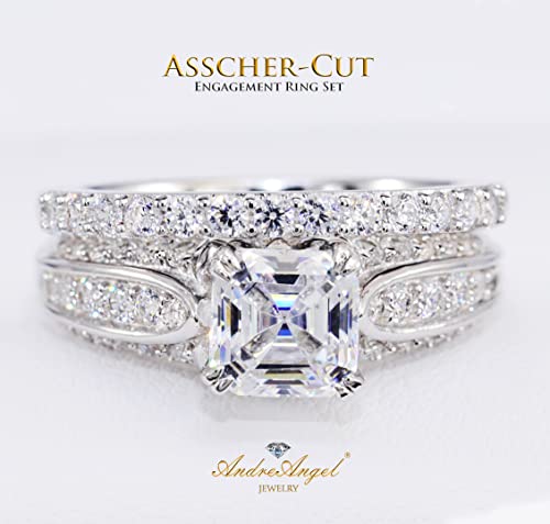 Andreangel Engagement Ring Wedding Set For Women Asscher Cut 1 Ct Sterling Silver 925 Rhodium-Platinum Plated White Gold Color | 50 Cubic Zirconia Stones High Grade Aaaaa+ Alternative To Diamonds | Promise Anniversary Bridal Valentines | Design A21 #TOP1