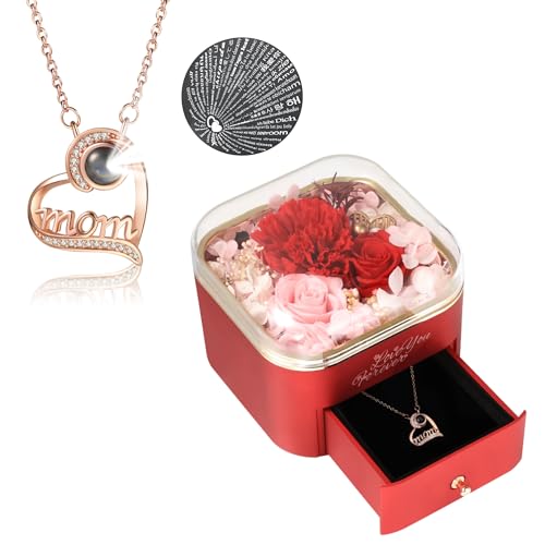 VTPURBER Preserved Real Red Roses Gifts for Her with Heart Necklace Flower Gifts for Mom Wife and Girlfriend on Christmas Valentines Day Mothers Day, Anniversary Birthday Gifts for Her