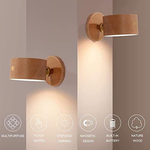 LED Wall Sconce Battery Operated Wall Lights with USB Charging Port 360°Rotate Magnetic Ball, Stepless Dimming Cordless lamp for Bedroom&Bathroom Decor (White) (NO-HB013)