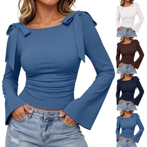 Fall Tops for Women 2026,Fall Tops for Women Elegant Bell Long Sleeve Slim Fit Shirts 2026 Trendy Y2K Casual Going Out Date Night Blouses,01-Black,L - image 6