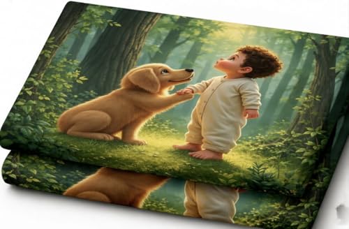 Image of RUMPS 7D Digital Printed King Size Bedsheet | Premium Microfiber Bedding Set with 2 Pillow Covers, Magical Forest Baby & Puppy Theme
