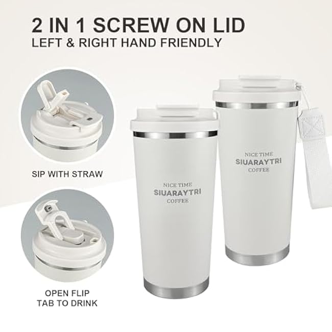 20oz Tumbler Stainless Steel Vacuum Insulated Coffee Travel Mug Reusable Iced Coffee Cup Hot Coffee Travel Mug with lid and straw Cupholder Friendly Leak-Proof BPA Free (White)