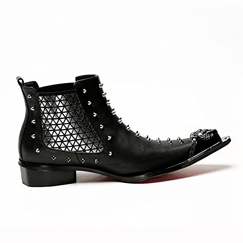 Men Patch Work Two Tones Band Rivets Studs Decortaion Metal Pointed Toe Genuine Leather Punk Boots for Men Men's Leather Shoes2