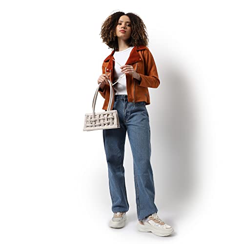 Image of Campus Sutra Women Brown Regular Fit Biker Jacket For Winter Wear | Collar Neck | Full Sleeve | Zipper | Casual Jacket For Woman & Girl | Western Stylish Jacket For Women