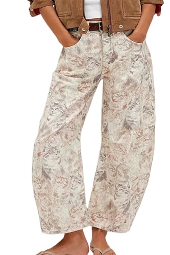 Women Y2k Distressed Barrel Jeans Baggy Wide Leg Jeans, Wide Leg Baggy Denim Pants, Boyfriend Floral Trousers