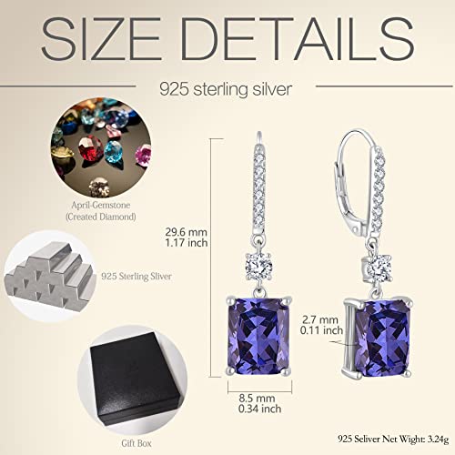 Sterling Silver Crystal Leverback Earrings - Guesma 10X8Mm Dangle Earrings For Women Trendy Tanzanite Cushion Cut Created Birthstone - Wedding Earrings Jewelry For Evening Wear #TOP5