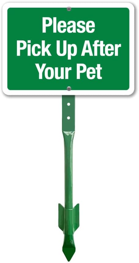 | Please Pick Up After Your Pet - Professional 7"x10" Metal Yard Sign with 18Inch Stake - Rustproof Green & White Dog Poop Sign