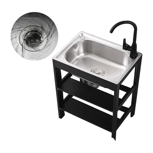 Lavelli for lavanderia vasca for -Acciaio inossidabile 304, profondità 18 cm Lavandino moderno con struttura nera supporto di stoccaggio in alluminio Rubinetto caldo/freddo(38 * 32 * 18cm)