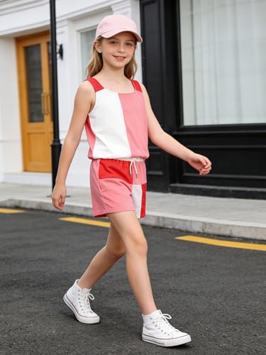 Image of Size 7-14Y Girls Clothes 2 Piece Outfits Striped Tank Top Drawstring Shorts Teen Girls Summer Clothing Sets