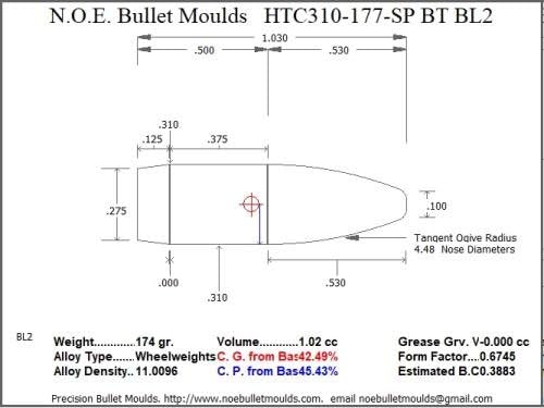 Bullet Mold 2 Cavity Brass .310 Caliber Boat Tail 177gr Bullet with a Spire Point Profile Type. Designed for Powder Coat