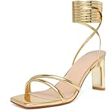 Mostrin Gold Heels Womens Sandals Strappy Heels for Women Lace Up Heels Square Open Toe Heels Tie Up Chunky High Heeled Sandals for Prom, Party, Daily Wear Size 12