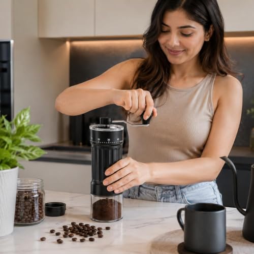 Image of Ash & Roh Manual Coffee Grinder with 40 Adjustable Grind Settings, Conical Ceramic Burr, Hand Crank Bean Mill with Glass Jar for Espresso, French Press & Travel