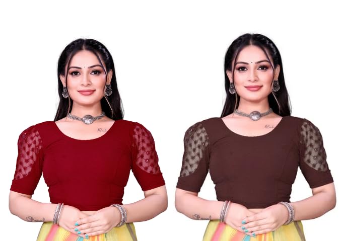 Women's Readymade Indian Ethnic Designer Stitched Women's Blouse net Sleeves Sequence Embroidery (Pack of 2)-picture-17