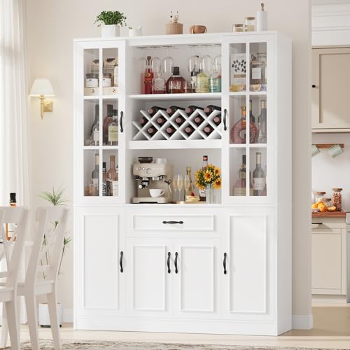 HIFIT 74\" Kitchen Pantry Cabinet, Large Kitchen Hutch Storage Cabinet with Glass Door & Shelves, Wine & Glass Display Station, Tall Modern China Coffee Bar with Hutch for Home Dining Living Room,White