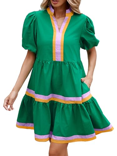Image of LifeShe Womens Puff Sleeve Babydoll Dress V Neck Navy Blue Striped Color Block Tiered Mini Dresses