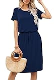 levaca Mature Older Womens Summer Spring Loose Fit Jersey Knit Cinched Waist Church Travel Casual Knee Length Midi Dress Plain Navy Blue XL