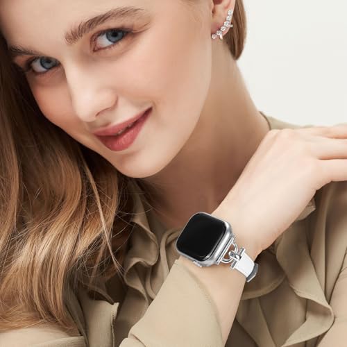 Image of Leather Band Compatible with Apple Watch Bands for Women, Dressy Fancy Strap for iWatch Series 11 /10 /9 /8 /7 /6 /5 /4 /3 /2 /1 /se /Ultra /Ultra 2(49mm 46mm 45mm 44mm 42mm,Starlight /Silver)