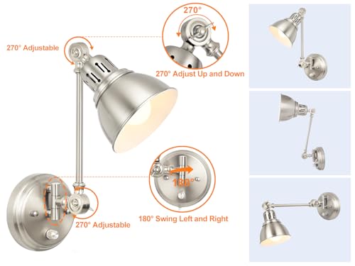 Image of 2 Pack Plug in Wall Sconces with Remote Control, Dimming, Adjustable Colors 2700K-6500K, Swing Arm Wall Lamps with Night Light & Timer, Plug-in or Hardwired, LED Bulbs Included, Brushed Nickel