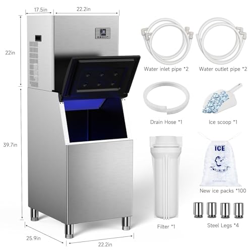 Image of Commercial Ice Machine 650LBS /24H,Storage 400LBS,Large Industrial Ice Maker,Ice Ready in 5-15min,with Self-Cleaning Mode,with Timing Function,12 Levels of Ice Thickness Adjustment,Stainless Steel