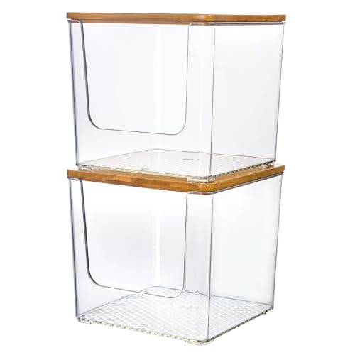 2 Pack Stackable Pantry Kitchen Counter Organizer, Food Storage Containers with Bamboo Lids, or Plastic Storage Bins for Onion, Patato, Snack, Vegetables, Face Towel (Clear)