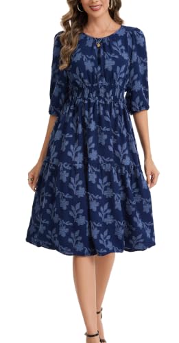 Image of Kormei Women Casual Boho Floral Round Neck 3 /4 Sleeve Smocked Waist Tiered A Line Flowy Swing Midi Dress Long Dresses