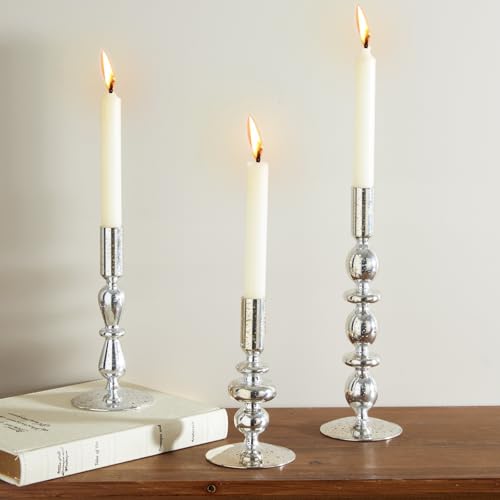 DN DECONATION Glass Candle Holder Set of 3, Mercury Silver Candlesticks Holders Candles Holder Home Decor Aesthetic for Table Centerpiece Wedding Decorations Housewarming Gift Living Room