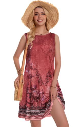 Image of Summer Dresses for Women Beach Boho Sleeveless Vintage Floral Flowy Pocket Tshirt Tank Sundresses 2026