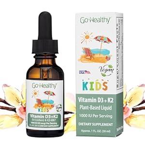 Go Healthy Kids Vitamins D3 K2 (MK-7), Child Vitamin D, Liquid Vegan D3 K2 Drops for Kids, Sugar-Free, Easy-to-Absorb, Children’s Growth & Immune Support, Vanilla Flavor – 30 Servings