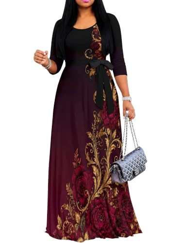 Image of Women's V Neck Floral Maxi Dress 3 /4 Sleeve Plus Size Boho Wrap Flowy Long Dresses with Belt