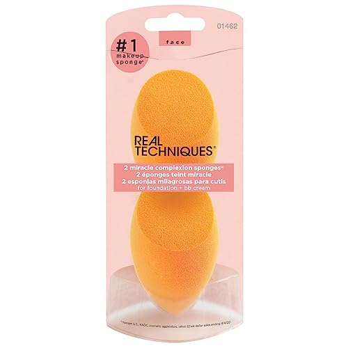 Real Techniques Miracle Complexion Sponge Duo, Makeup Blending Sponge, For Foundation, Offers Light To Medium Coverage, Natural, Dewy Makeup, Orange Sponge, Packaging May Vary, 2 Count #TOP2