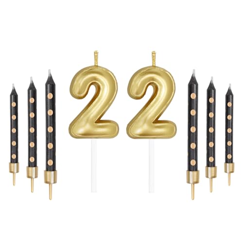 mciskin Juego de velas doradas de 22 números con velas largas doradas y negras, velas de feliz cumpleaños para niña, velas de pastel doradas para decoración de pastel para mujeres y hombres,