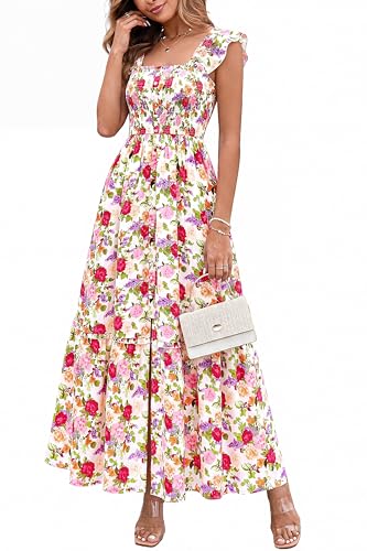 dowerme Womens Summer Maxi Dresses 2026 Casual Ruffle Sleeve Button Smocked Floral Slit Boho Dress Spring Beach Sundress(White Pink Flower,Medium)