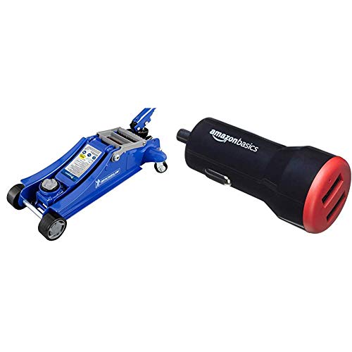 MICHELIN 92416 Cric Hydraulique Rouleur + Amazon Basics Chargeur 2 Ports USB de Voiture pour appareils Apple et Android 4,8 Amp/24 W, Noir/Rouge