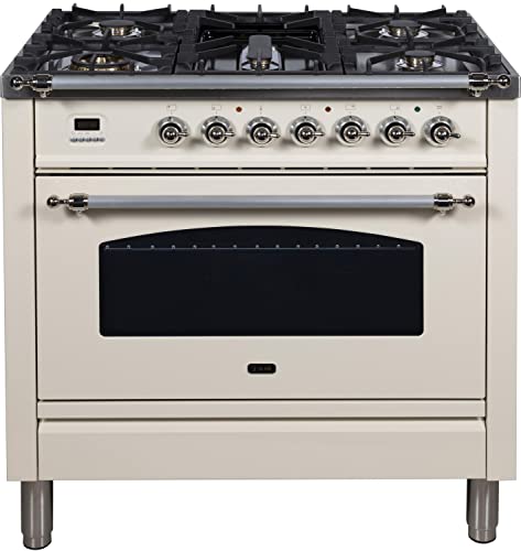 Ilve Upn90Fdmpax 36" Nostalgie Series Dual Fuel Natural Gas Range With 5 Sealed Brass Burners 3 Cu. Ft. Capacity True Convection Oven With Chrome Trim In Antique White #TOP23