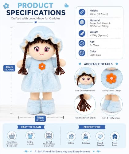 Image of Cute Doll Soft Toy for Girls 40CM | Sky Blue Plush Doll Teddy for Kids | Ultra Soft Stuffed Baby Doll Toy | Huggable Washable Plush Toy Gift for Boys & Girls