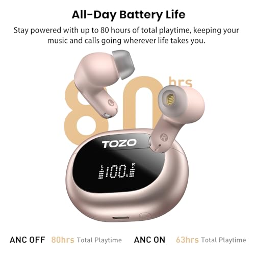 Image of TOZO NC20 Active Noise Cancelling Wireless Earbuds LDAC Hi-Res Bluetooth | 6 Mics AI Call Ear Buds 80H Playtime, Dual Pairing, 32 EQ via App, IPX8 Waterproof, Wireless Charging Case Titanium Pink