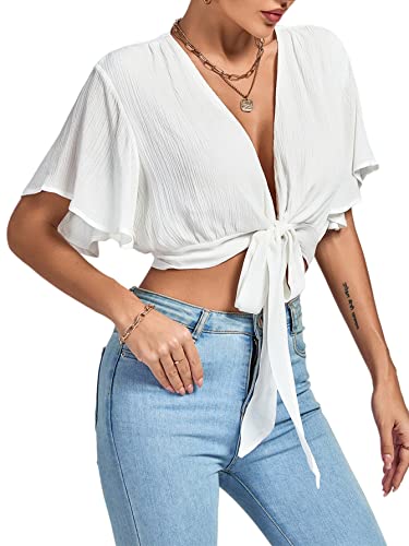 LYANER Women's Deep V Neck Tie Front Knot Wrap Ruffle Short Sleeeve Crop Top Blouse3