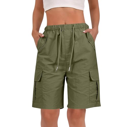 Image of Cargo Shorts Women Knee Length Elastic Waist Drawstring (XL, Army green)